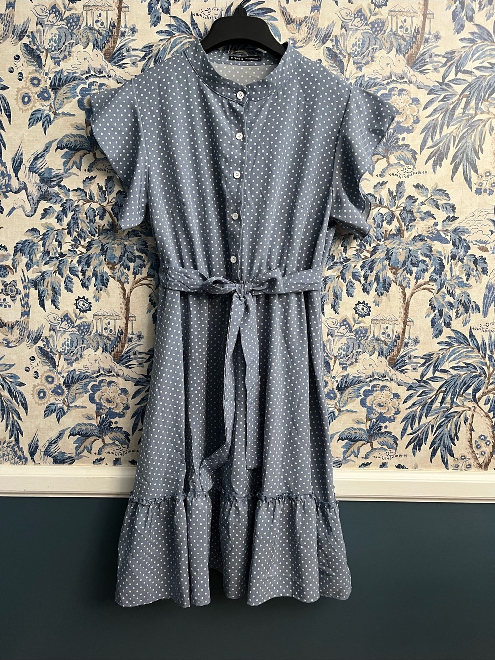 SHEIN Blue and White Polka Dot Button-Front Midi Dress with Waist Tie